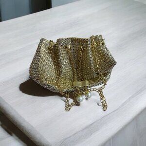 Gold Metallic Mesh Evening Bag – Chain Crossbody with Pearl Tassels